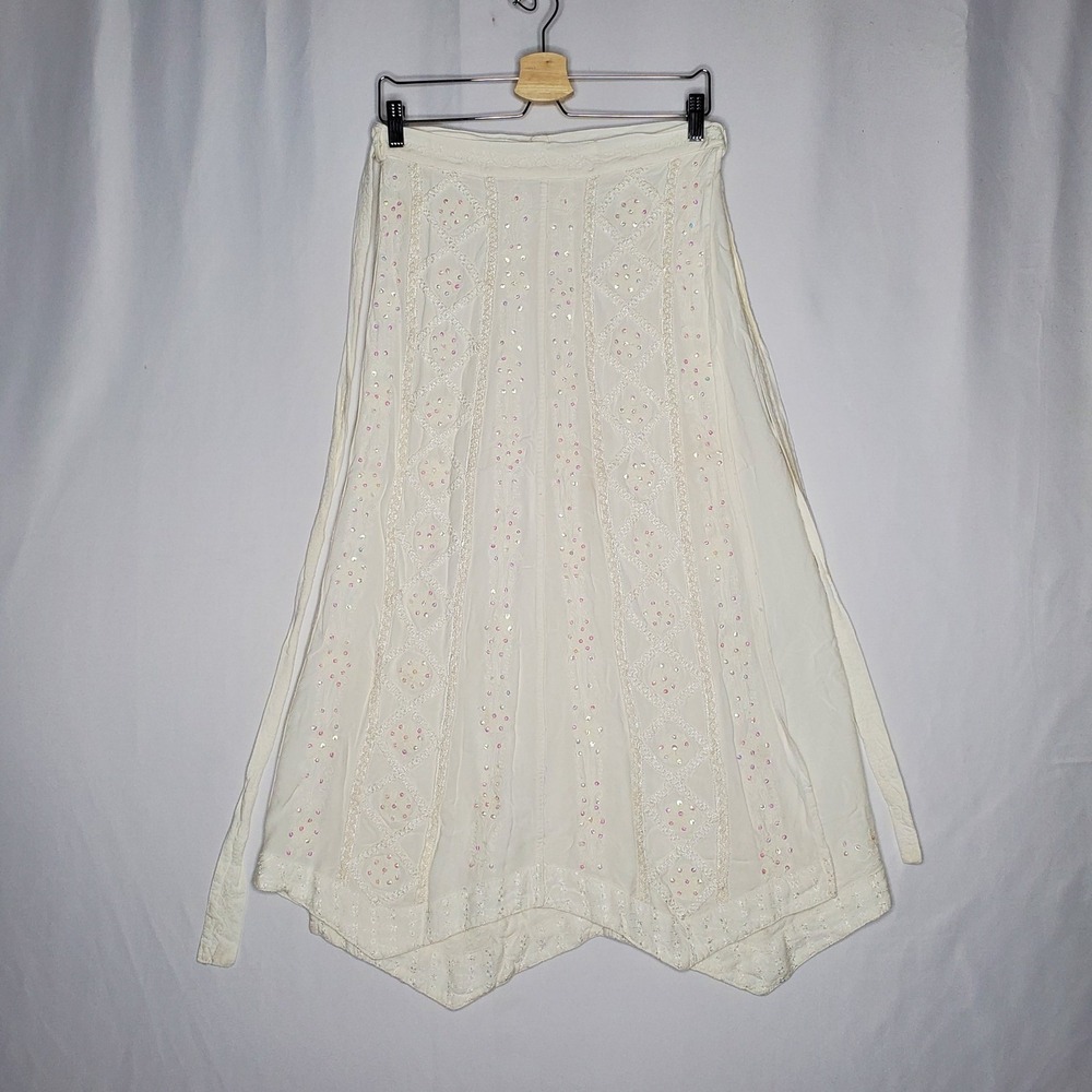Shore Line Skirt Halter Set OS White Embroidered Sequin Crop Top Flowy‎ Maxi